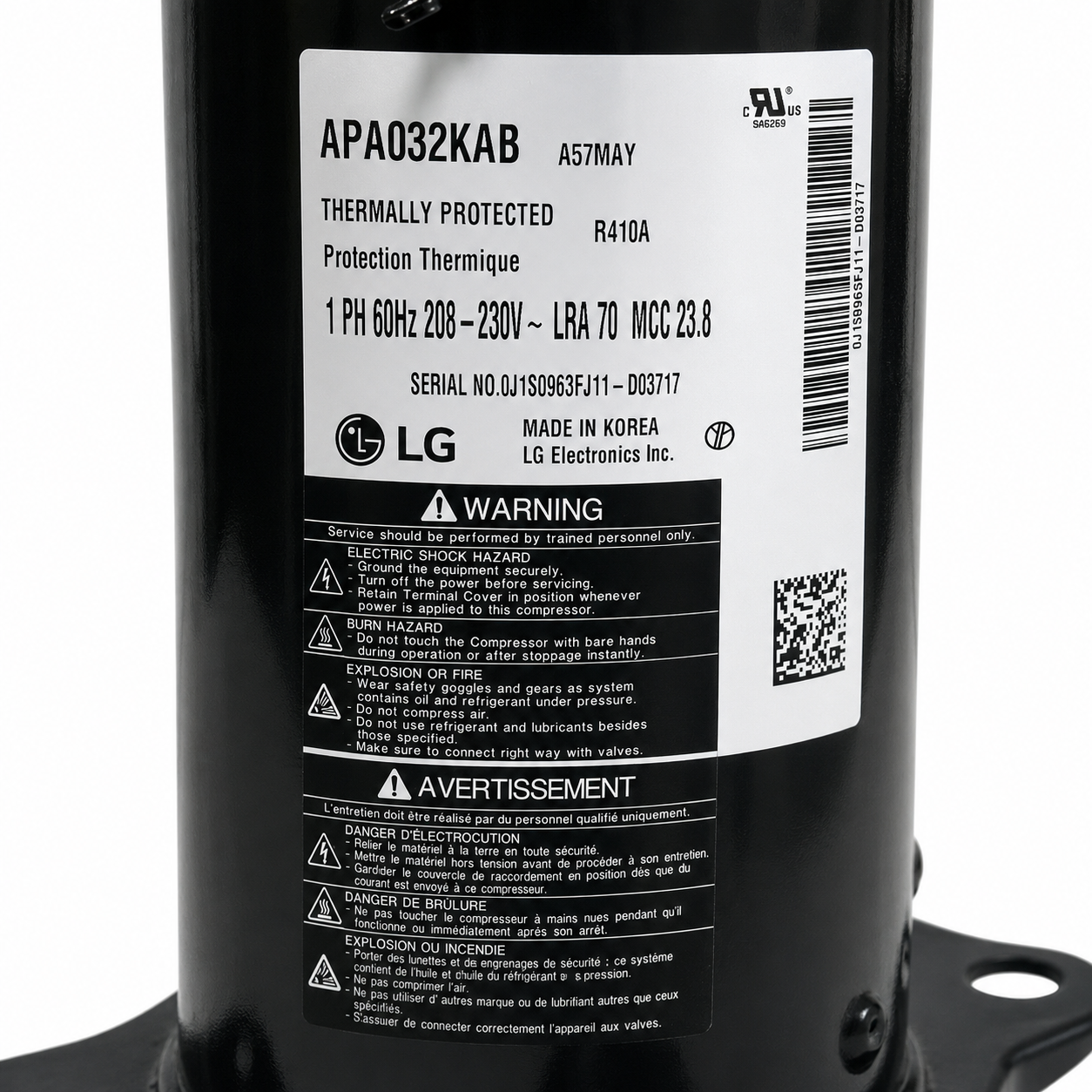Compresor Mirage 3 Ton 220V, 1 Fase, R410A, Mod: APA032KAB MARCA:LG - 11102010000348 Compresor Mirage 3 Ton 220V, 1 Fase, R410A, Mod: APA032KAB MARCA:LG - 11102010000348
