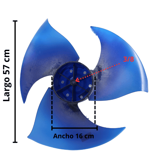 Aspa Condensador Para Minisplit Mirage Largo 57 cm x Ancho Aro 16 cm Flecha 3/8 Rotación CW Derecha - 12100105000281 Aspa Condensador Para Minisplit Mirage Largo 57 cm x Ancho Aro 16 cm Flecha 3/8 Rotación CW Derecha - 12100105000281