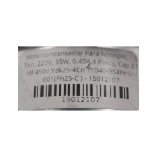 Motorcondensador Para Minisplit, 1.5Ton, 220V, 35W, 0.40A,4 Polos, Cap 3.5Mf 450V,Ydk25-4Cn YY040-954PH01-001(Pn25-C ) - 15012107 Motorcondensador Para Minisplit, 1.5Ton, 220V, 35W, 0.40A,4 Polos, Cap 3.5Mf 450V,Ydk25-4Cn YY040-954PH01-001(Pn25-C ) - 15012107