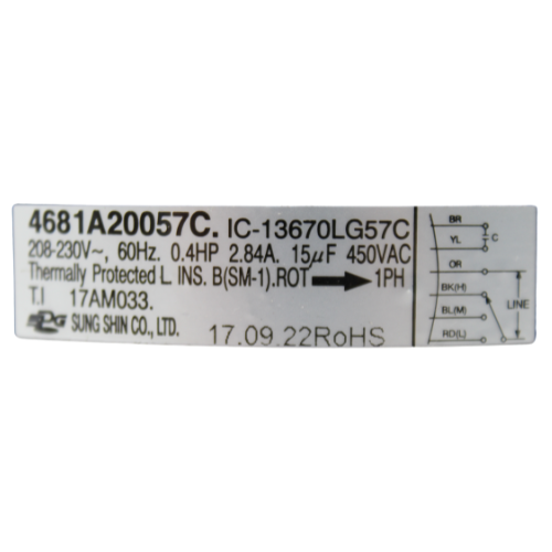 Motor Para Central LG, Evaporador, 208-230V, 60Hz, 2.84A, Capacitor 15Mf 450Vac - 4681A20057C