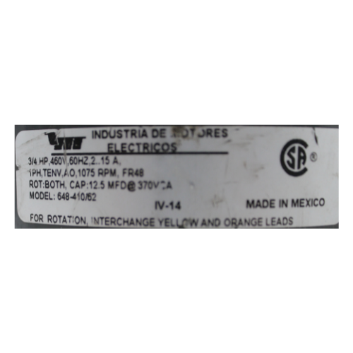 Motor Condensador Cerrado, 3/4 HP, 460V, 60Hz, 2.15A, 1PH, 1075 RPM, 2.15 Ampers, Reversible, Capacitor 12.5 Mf 370VAC, Baleros - 648-410/62 Motor Condensador Cerrado, 3/4 HP, 460V, 60Hz, 2.15A, 1PH, 1075 RPM, 2.15 Ampers, Reversible, Capacitor 12.5 Mf 370VAC, Baleros - 648-410/62