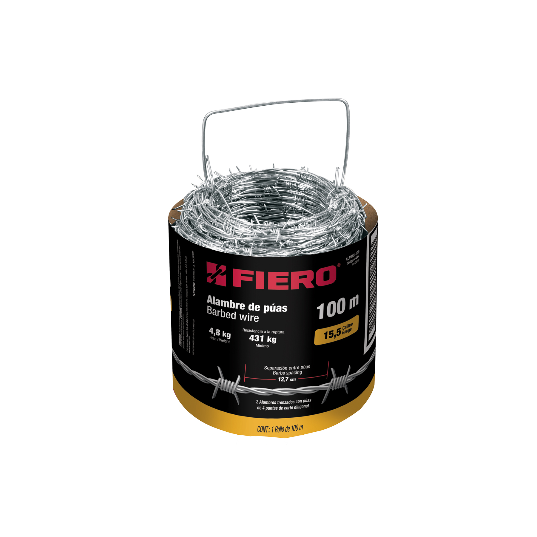 Rollo de alambre de púas 100m calibre 15.5, FIERO - 44884 - ALPU15-100 - Caja con 1 Rollo – Master 0