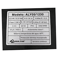 Bomba AQUAPAK ALY 1/2HP 1F 230V - ALY05/1230 Bomba AQUAPAK ALY 1/2HP 1F 230V - ALY05/1230