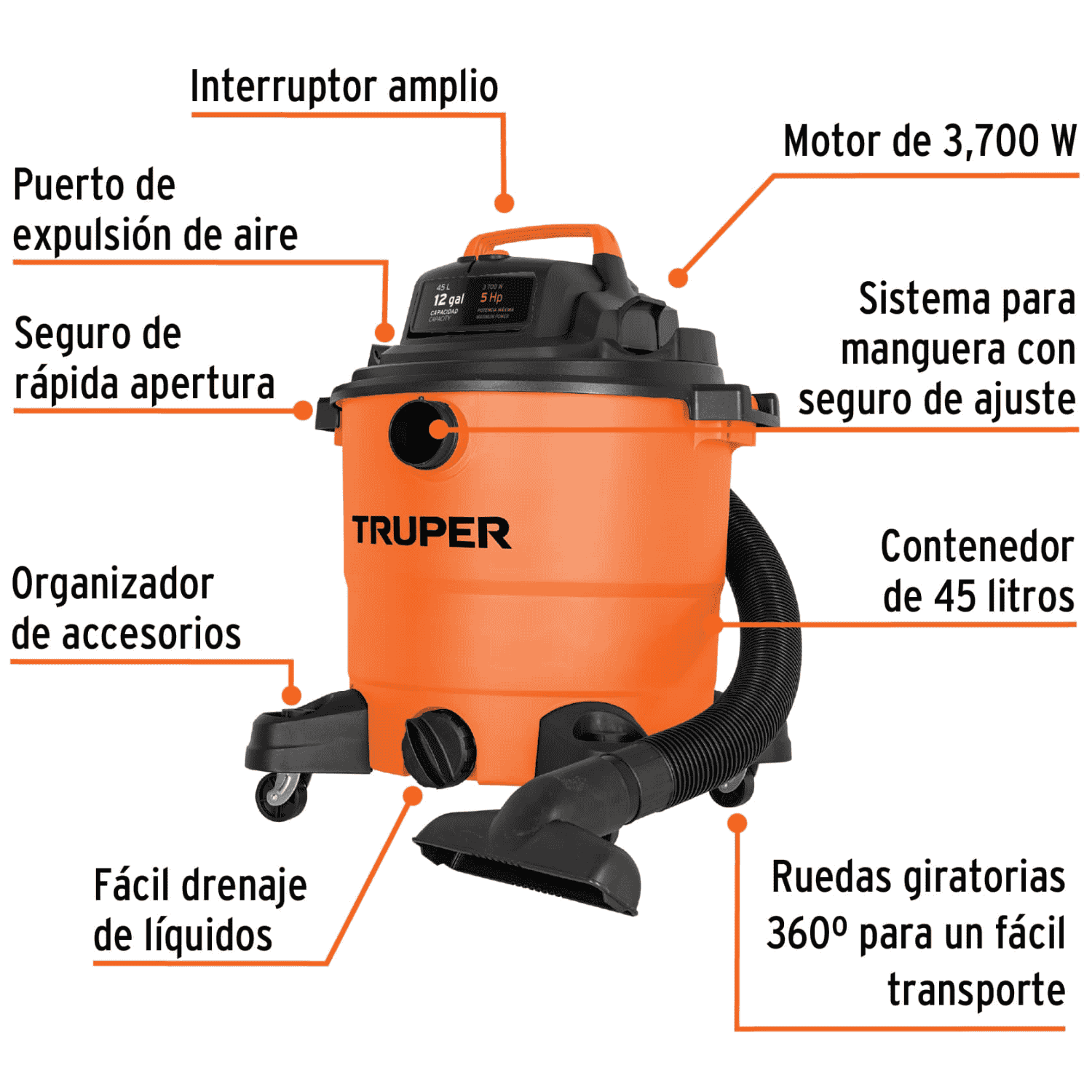 Aspiradora de sólidos y líquidos, 12 gal, plástica, TRUPER - 101509 - ASP-12 - Caja con 1 Pieza – Master 0