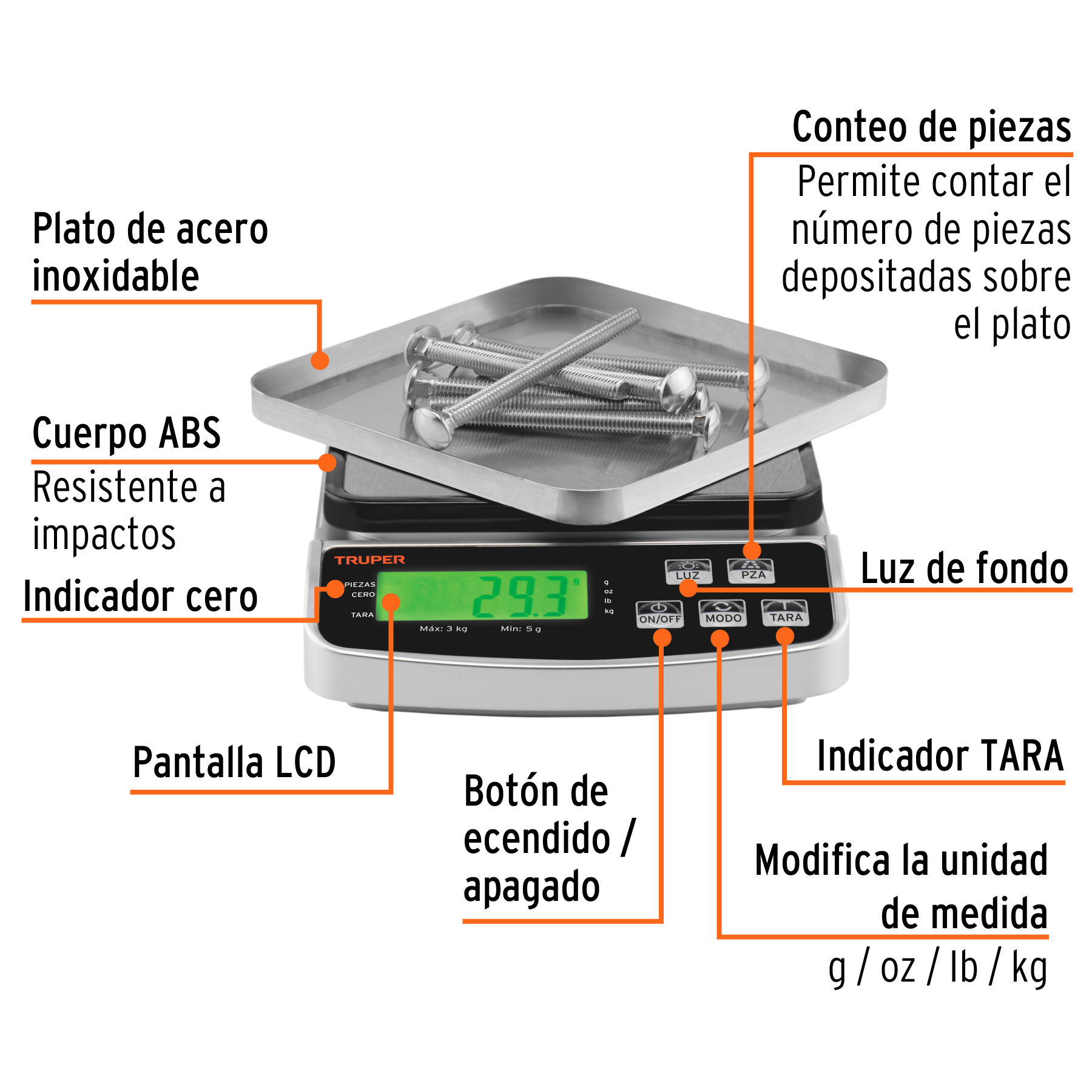 Báscula electrónica de precisión, recargable, 3 kg, Truper-BASE-3 / 102317