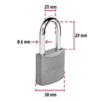 Candado de hierro, 38mm, gancho largo, caja - CH-38L / 43323 Candado de hierro, 38mm, gancho largo, caja - CH-38L / 43323