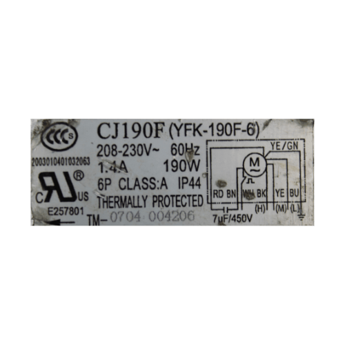 Motor de Clima de Ventana, 2 Ton Mirage, CJ190F (YFK-190F-6), 208-230V, 60Hz, 1.4A, 190W, 6 Polos - 150116034