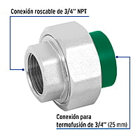 Tuerca unión mixta de PPR, 25mmx3/4' - CV-982 / 49817 Tuerca unión mixta de PPR, 25mmx3/4' - CV-982 / 49817