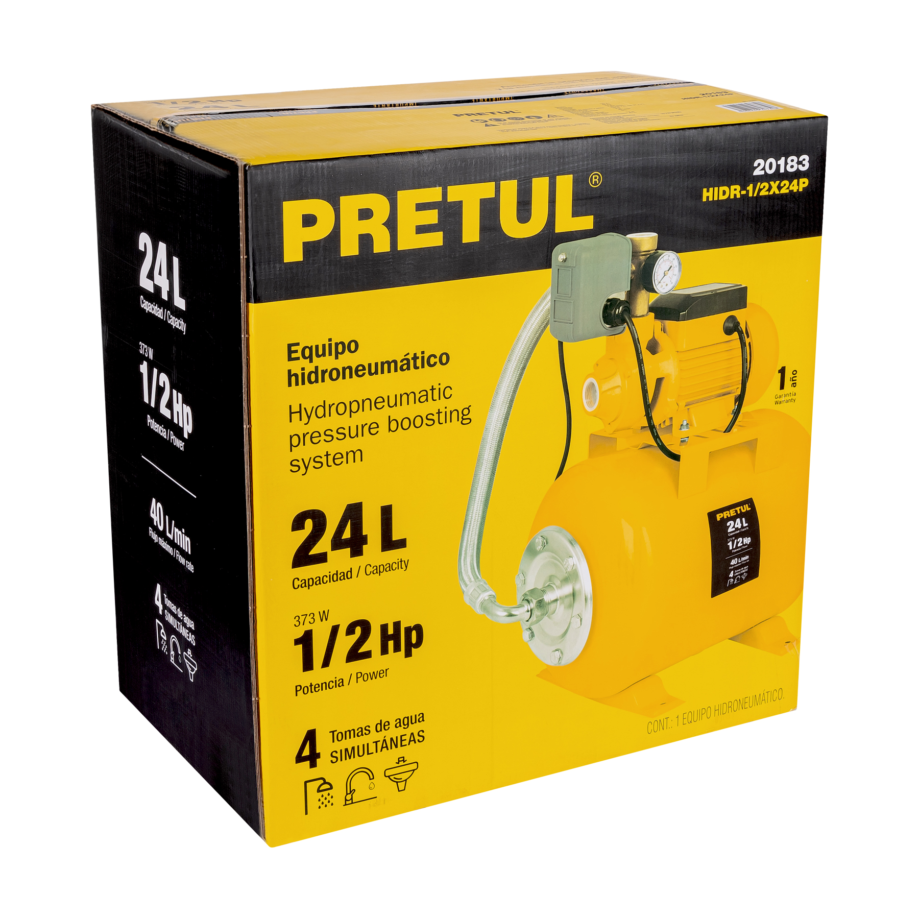 Bomba hidroneumática 1/2 HP, 24 litros, Pretul - HIDR-1/2X24P / 20183 Bomba hidroneumática 1/2 HP, 24 litros, Pretul - HIDR-1/2X24P / 20183