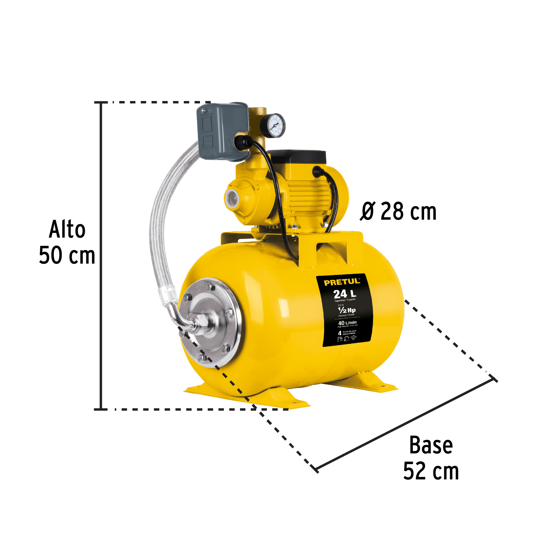 Bomba hidroneumática 1/2 HP, 24 litros, Pretul - HIDR-1/2X24P / 20183 Bomba hidroneumática 1/2 HP, 24 litros, Pretul - HIDR-1/2X24P / 20183