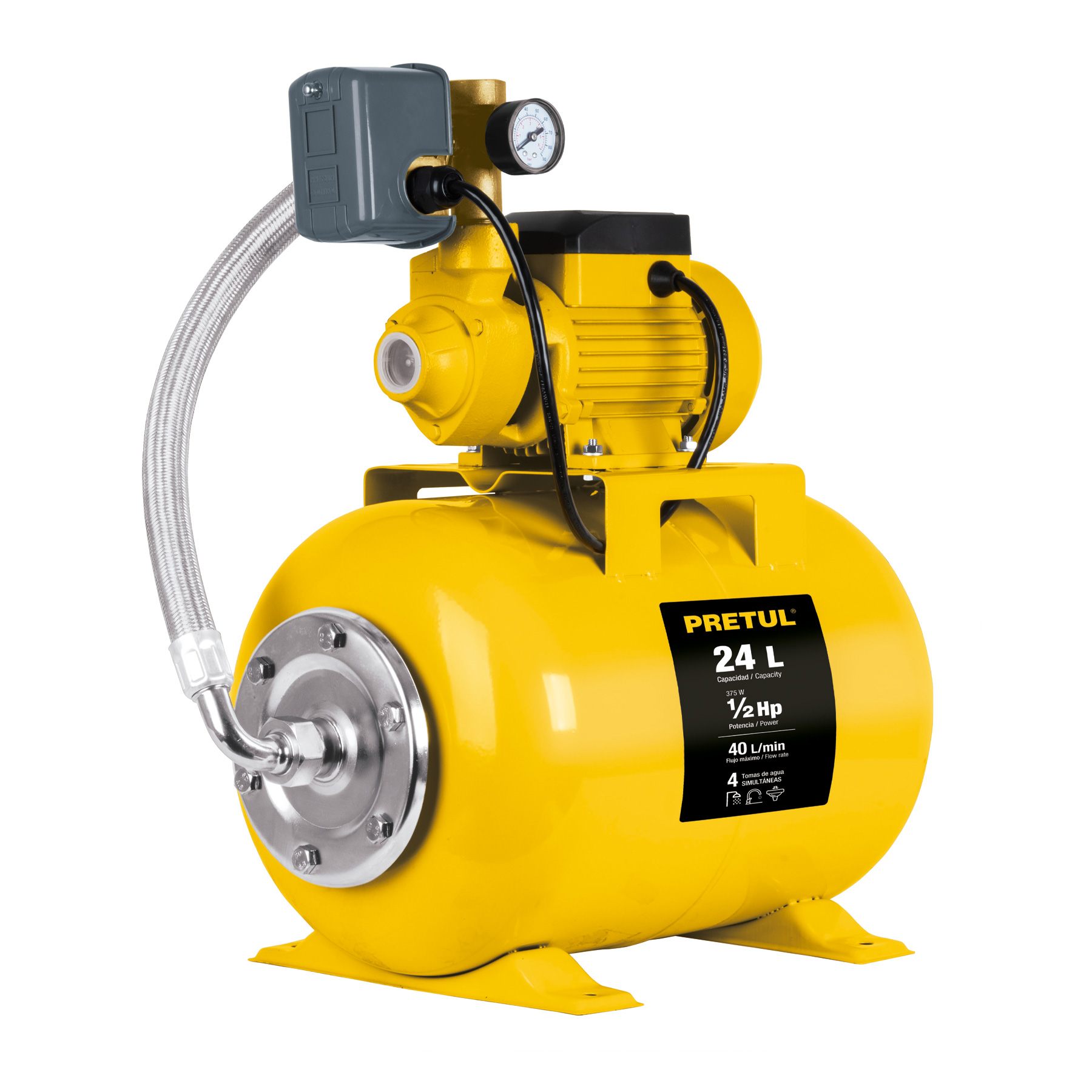 Bomba hidroneumática 1/2 HP, 24 litros, Pretul - HIDR-1/2X24P / 20183 Bomba hidroneumática 1/2 HP, 24 litros, Pretul - HIDR-1/2X24P / 20183