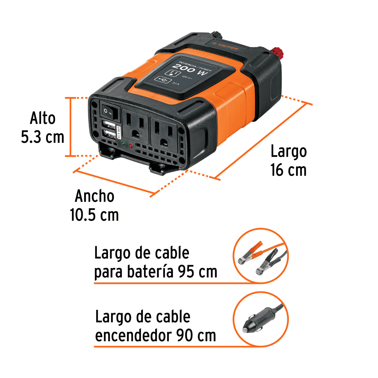 Inversor de corriente de 200 W con puertos USB, Truper - 10448 - INCO-200 - Caja con 1 Pieza – Master 12