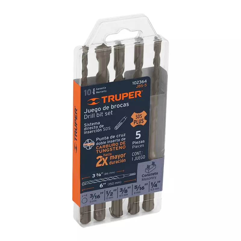 Juego de 5 brocas para concreto SDS Plus, Truper, 102364 - JBS-5 Juego de 5 brocas para concreto SDS Plus, Truper, 102364 - JBS-5