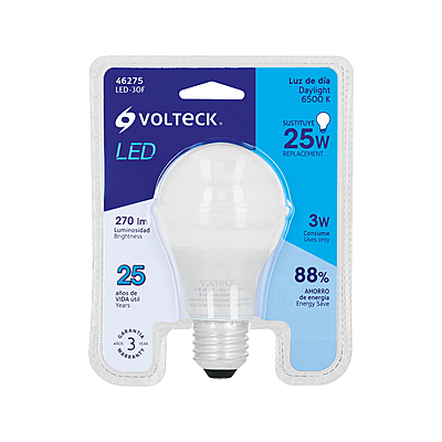 Lámpara LED A19 3 W (equiv. 25 W) luz de día blíster Volteck - 46275 - LED-30F - Caja con 6 Pieza – Master 96 Lámpara LED A19 3 W (equiv. 25 W) luz de día blíster Volteck - 46275 - LED-30F - Caja con 6 Pieza – Master 96