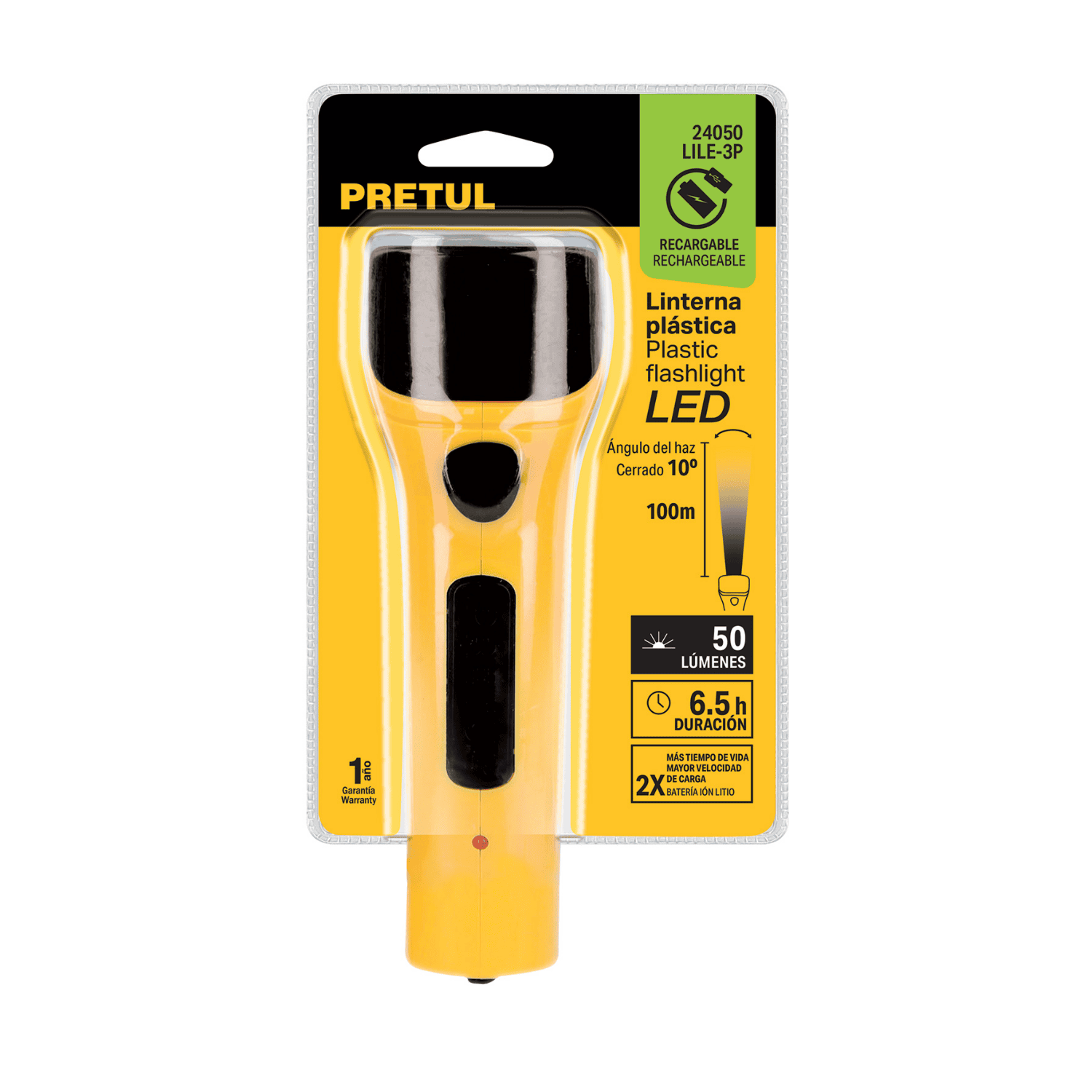 Linterna plástica de LED, 50 lm, recargable, PRETUL-LILE-3P / 24050