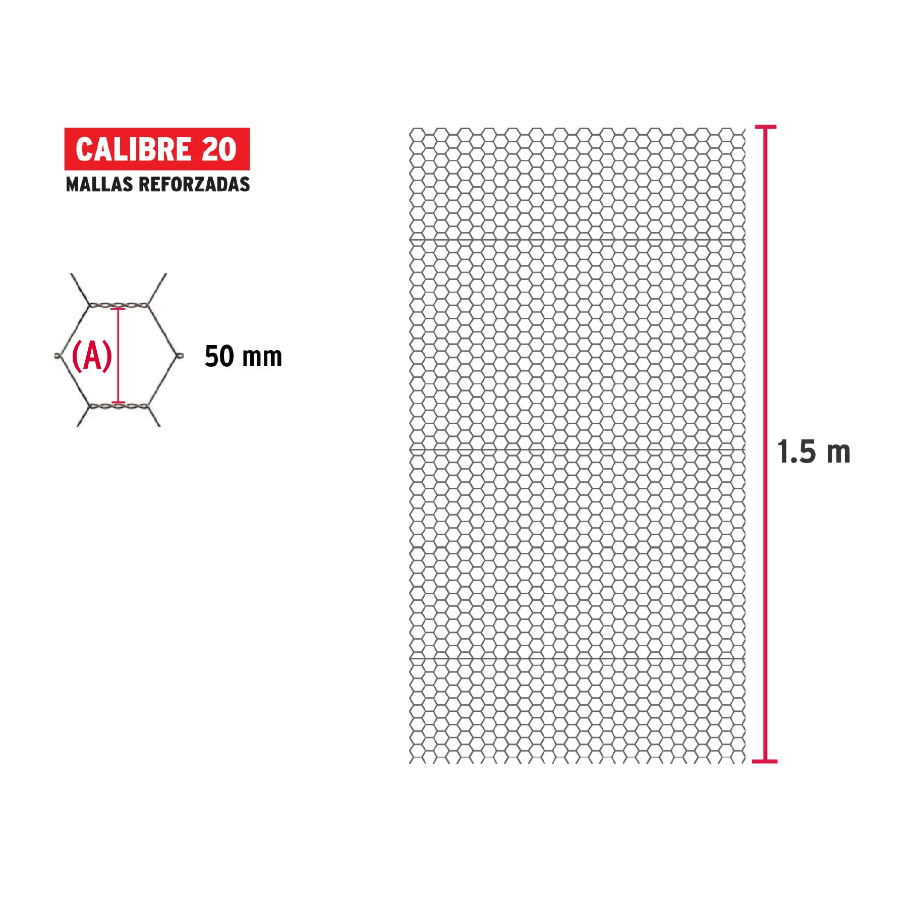 Rollo malla hexagonal cal.20, 1.5x 45m, abertura 50mm, 15kg-MAHE-5015 / 44662