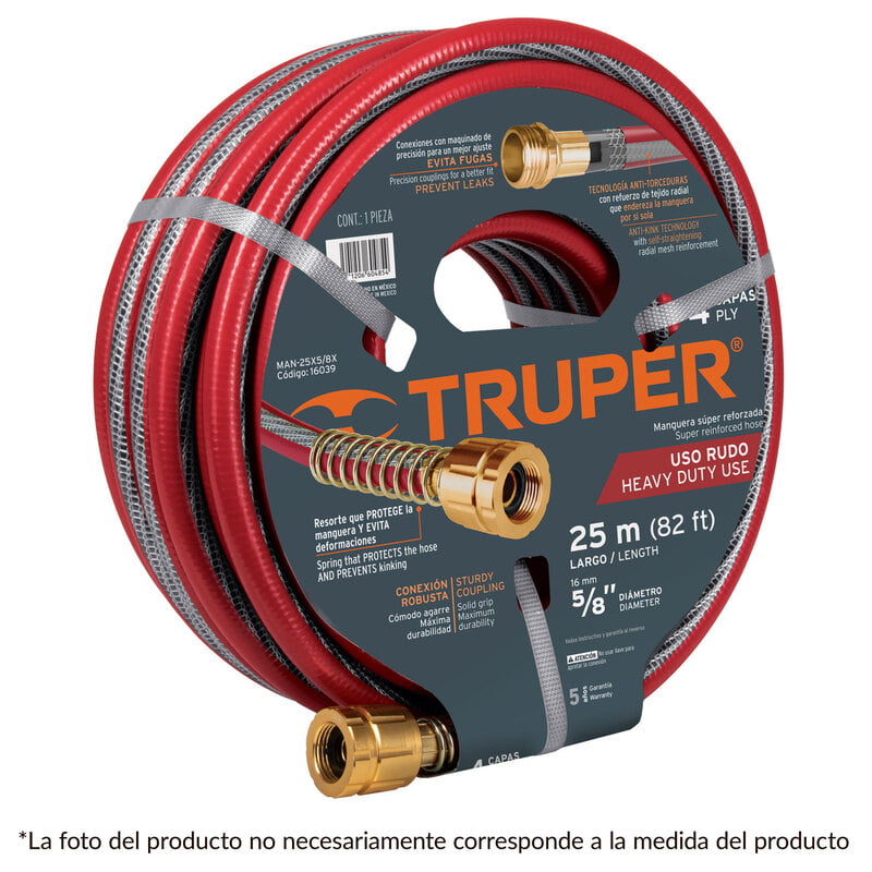 Manguera 5/8' super reforzada 4 capas 25 m conexiones metal - MAN-25X5/8X / 16039 Manguera 5/8' super reforzada 4 capas 25 m conexiones metal - MAN-25X5/8X / 16039
