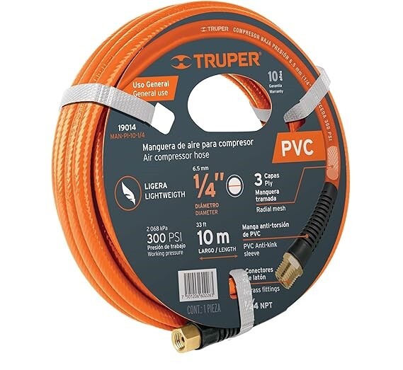 Manguera para compresor, de PVC, 10m x 3/8', Truper - 10893 - MAN-PI-10-3/8 - Caja con 3 Pieza – Master 18