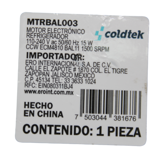 Motor Balero Ba11, Refrigerador, ECM4810, 110-240V, 50/60Hz, 15W, CCW, Proteccion Clase IP65, sirve para refrigerador IMBERA, 1500 RPMs - MTRBAL003