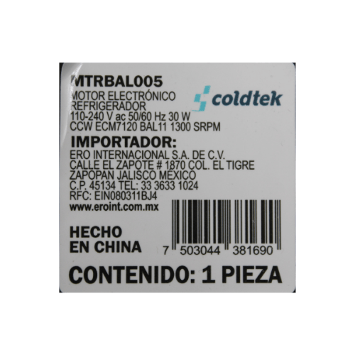 Motor Balero Ba11, Refrigerador, ECM7120, 110-240V, 50/60Hz, 30W, CCW, Proteccion Clase IP65, sirve para refrigerador IMBERA, 1300 RPMs - MTRBAL005