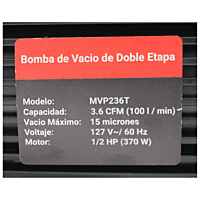 Bomba de Vacio 3.6 CFM, 1/2 HP, 2 etapas, 127 VCA, 60HZ con Válvula de Bloqueo - MVP236T