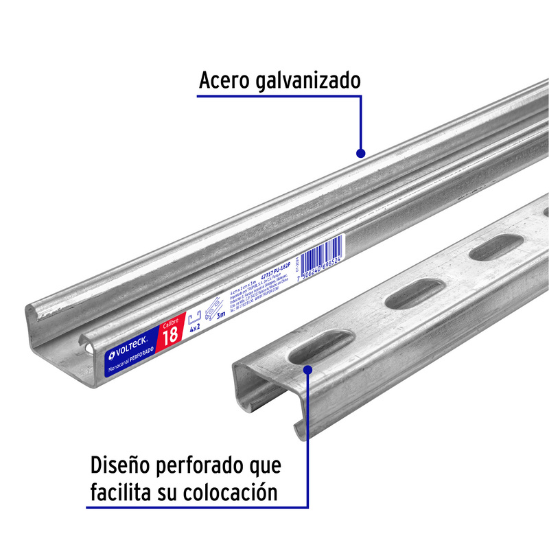 Perfil monocanal perforado de 3 m, 4 x 2 cm cal. 18, Volteck - 47757 - PU-182P - Caja con 2 Pieza – PU-182P