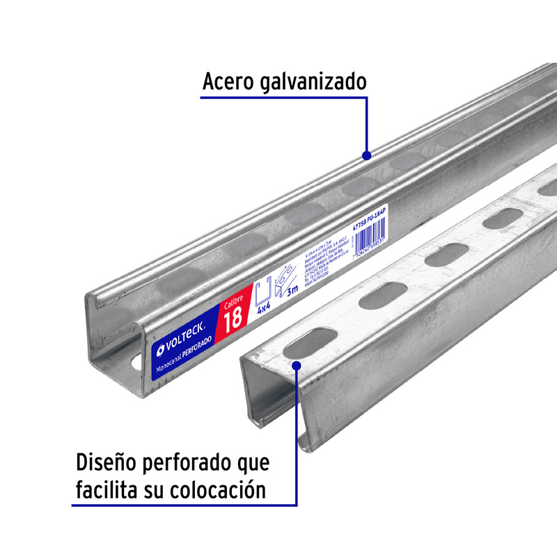 Perfil monocanal perforado de 3 m, 4 x 4 cm cal. 18, Volteck - 47758 - PU-184P - Caja con 2 Pieza – Master 0