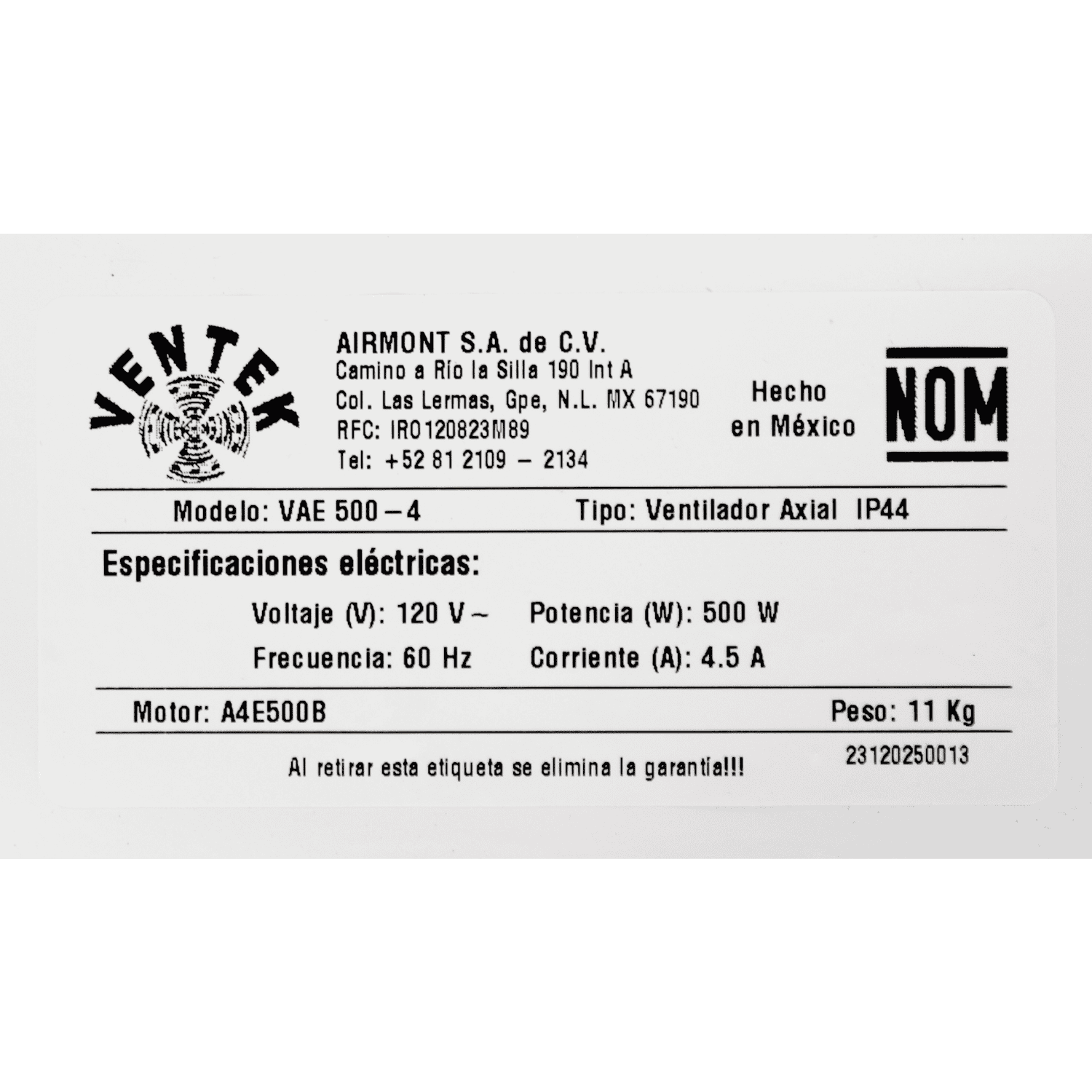 Ventilador Axial VENTEK de 20", 127V 60Hz, 4 POLOS, 4002 CFM - VAE 500-4