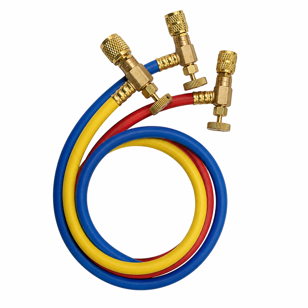 Juego de 3 Mangueras de Carga de Refrigerante con Valvulas de Bola, 800 PSI, 150 CM de Longitud, 1/4"-1/4"(Y), 1/4"-1/4"®, 1/4"-1/4"(B) - WIP-MRH-2CV60°