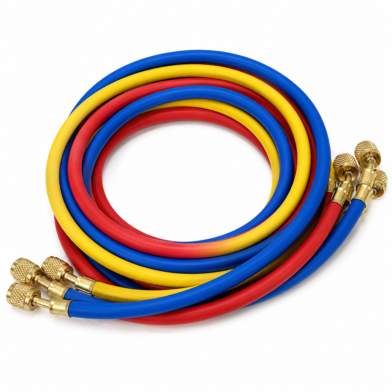 Juego de 3 Mangueras de Carga de Refrigerante con Valvulas de Bola, 800 PSI, 150 CM de Longitud, 1/4"-1/4"(Y), 1/4"-1/4"®, 1/4"-1/4"(B) - WIP-MRH-2CV60°