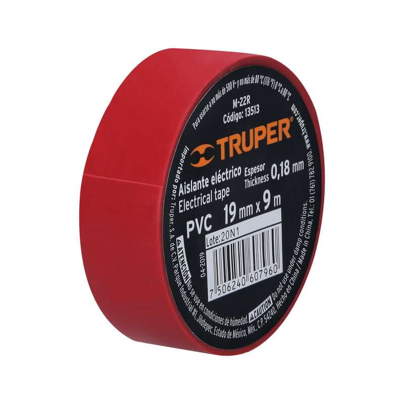 Cinta de aislar de 9 m x 19 mm, roja, Truper - M-22R / 13513 Cinta de aislar de 9 m x 19 mm, roja, Truper - M-22R / 13513