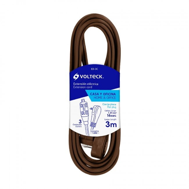 Extensión eléctrica doméstica con clavija plana, 3m, café - ED-3C / 48007 Extensión eléctrica doméstica con clavija plana, 3m, café - ED-3C / 48007