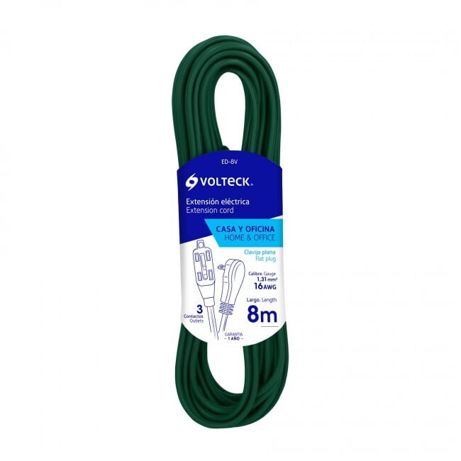 Extensión eléctrica doméstica con clavija plana, 8m, verde - ED-8V / 48032 Extensión eléctrica doméstica con clavija plana, 8m, verde - ED-8V / 48032