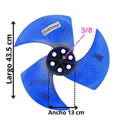 Aspa Condensador para Minisplit Mirage 1.5 Ton Largo 42.3cm Ancho Aro 13cm Flecha 5/16 CCW izquierda 3 Hojas - 12100105000026