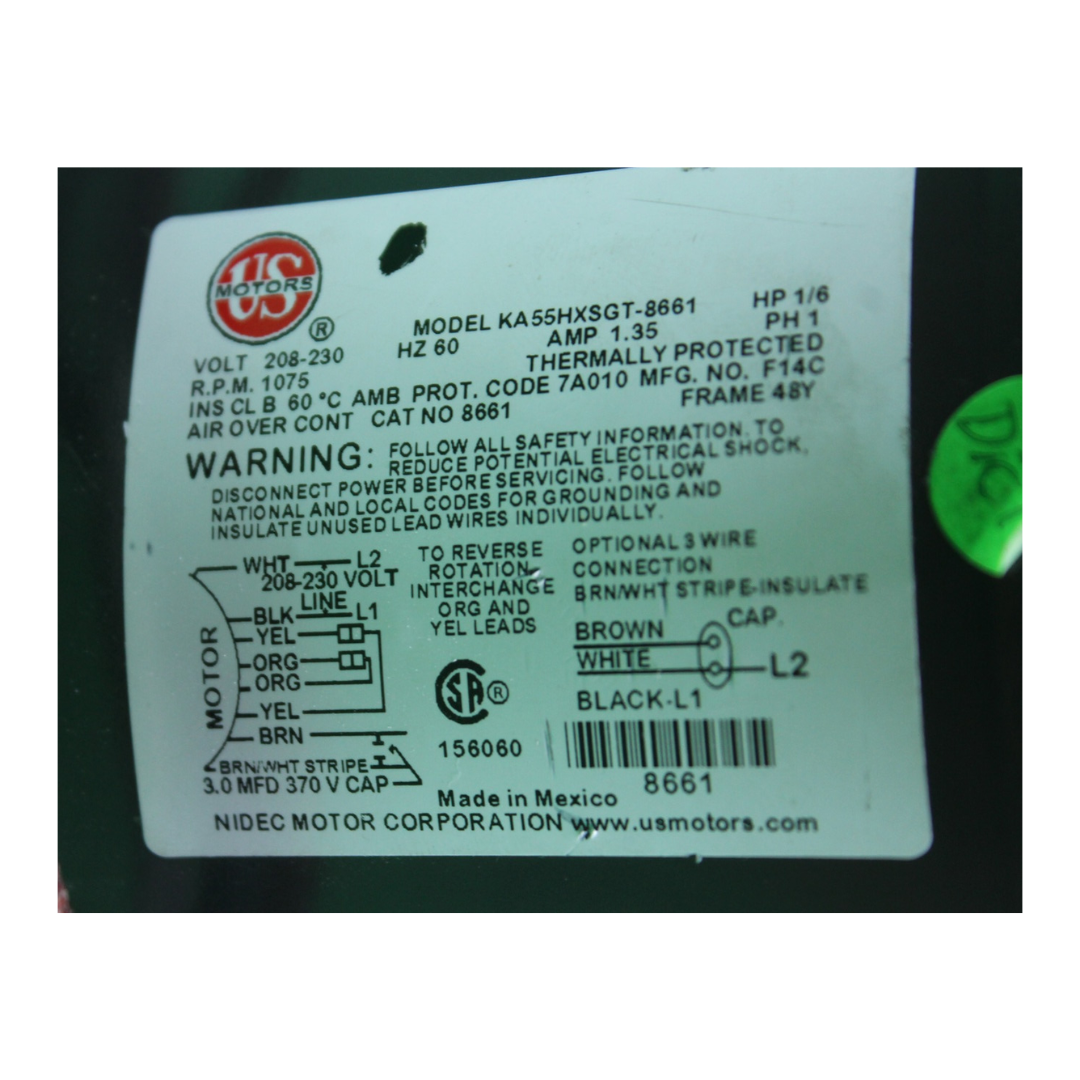 Motor Condensador Abierto Prueba De Goteo(8661)1/6 Hp 1075 Rpm 1Velocidad Flecha 1/2 208-230V 6 Polos Reversible Chumaceras Emerson - 8661