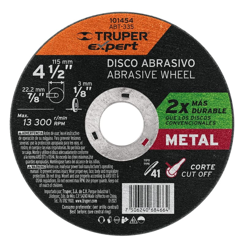 Disco para corte de metal 4-1/2' tipo 41, Truper Expert 101454