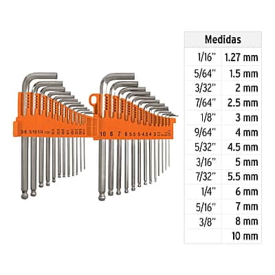 Juego 25 llaves allen largas std y mm punta bola,organizador - ALL-25 / 15572