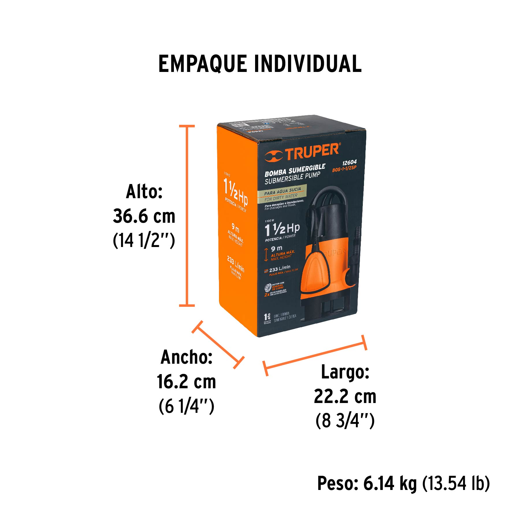 Bomba sumergible plástica para agua sucia 1-1/2 HP - BOS-1-1/2SP / 12604