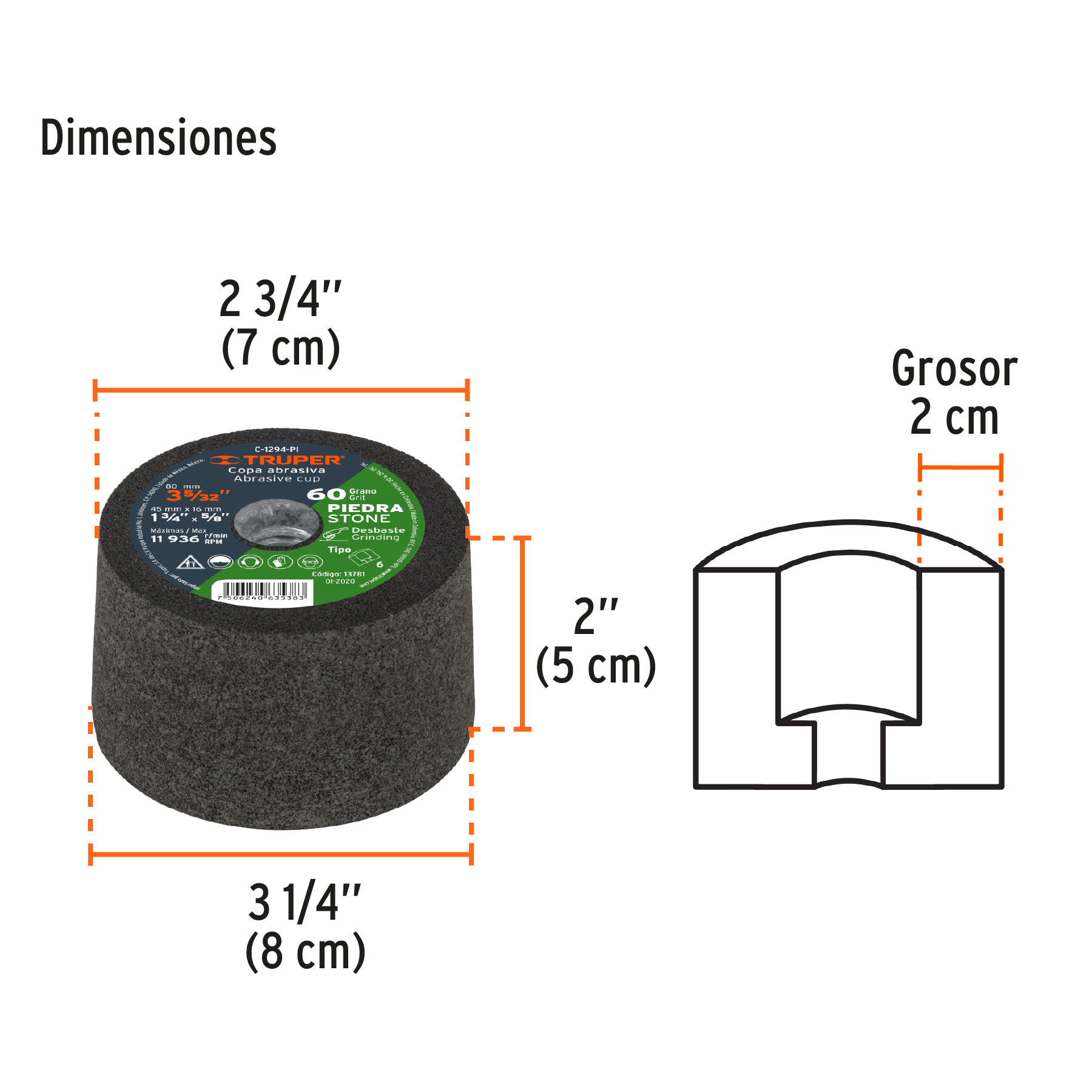 Copa desbaste, 3-5/32', grano 60 para piedra - C-1294-PI / 13781