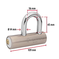 Candado de acero, 109mm, gancho corto, llave de puntos - CA-109Q / 43365