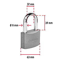 Candado de hierro, 63mm, gancho largo, blister - CHB-63L / 43804