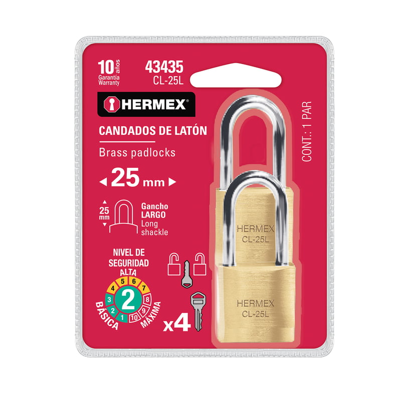 Blíster con 2 candados de latón de 25mm con gancho largo - CL-25L / 43435