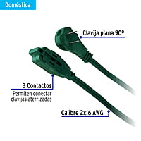 Extensión eléctrica doméstica con clavija plana, 4m, verde - ED-4V / 48014