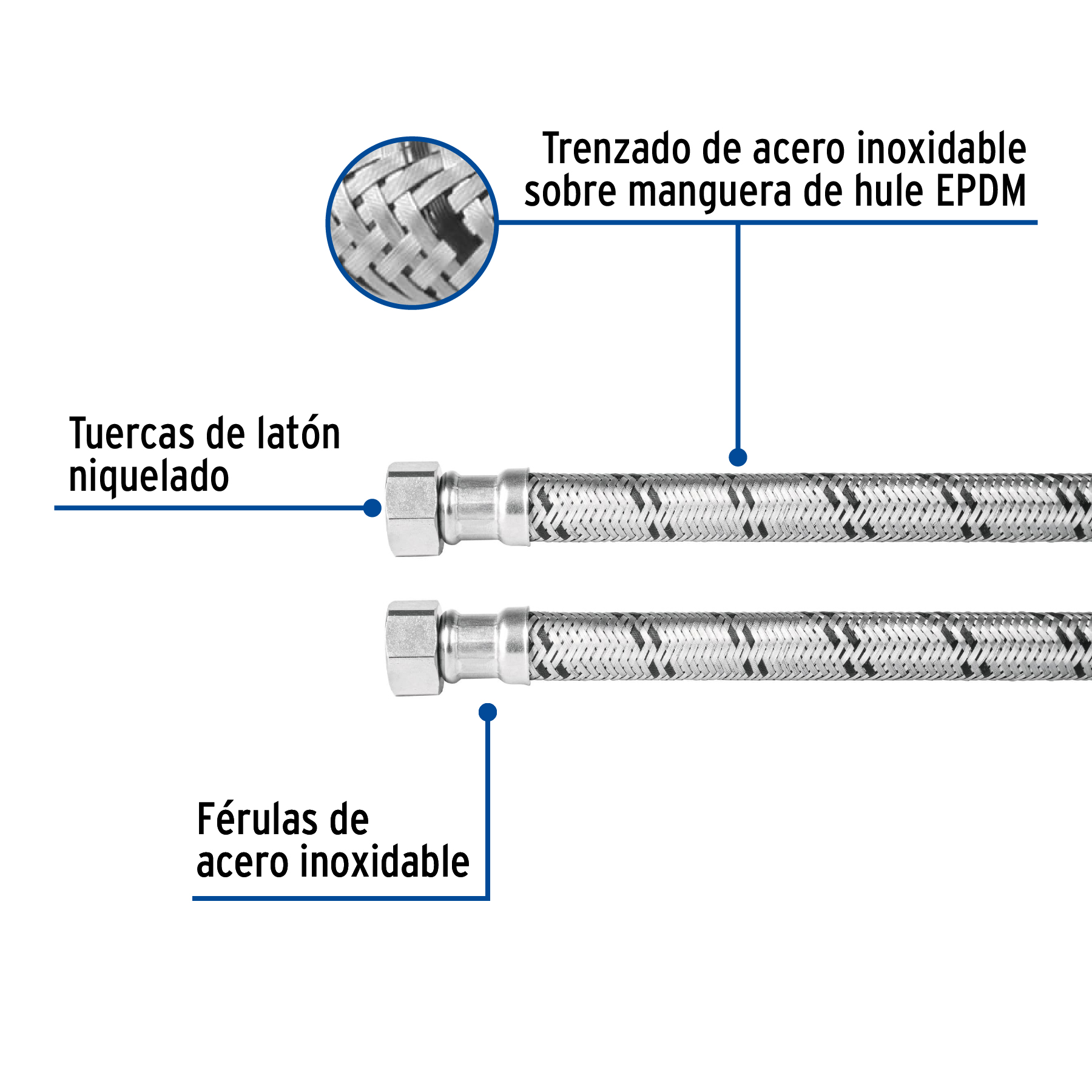 Manguera trenzada de acero 1/2x1/2'X150 cm usos generales - FBO-22150X / 48968