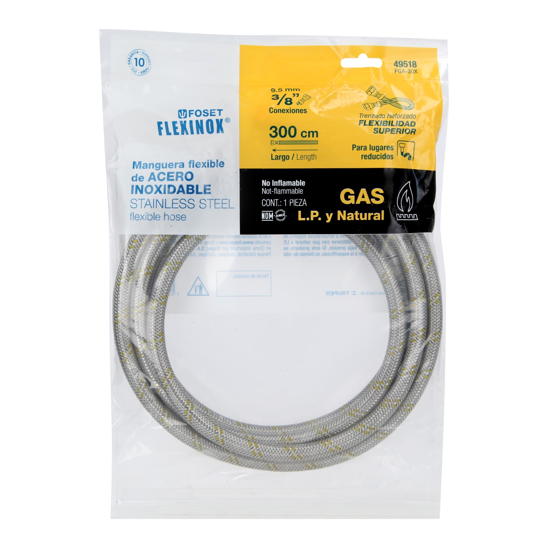 Manguera de hule, 300 cm, revestida de acero inoxidable - FGA-30X / 49518