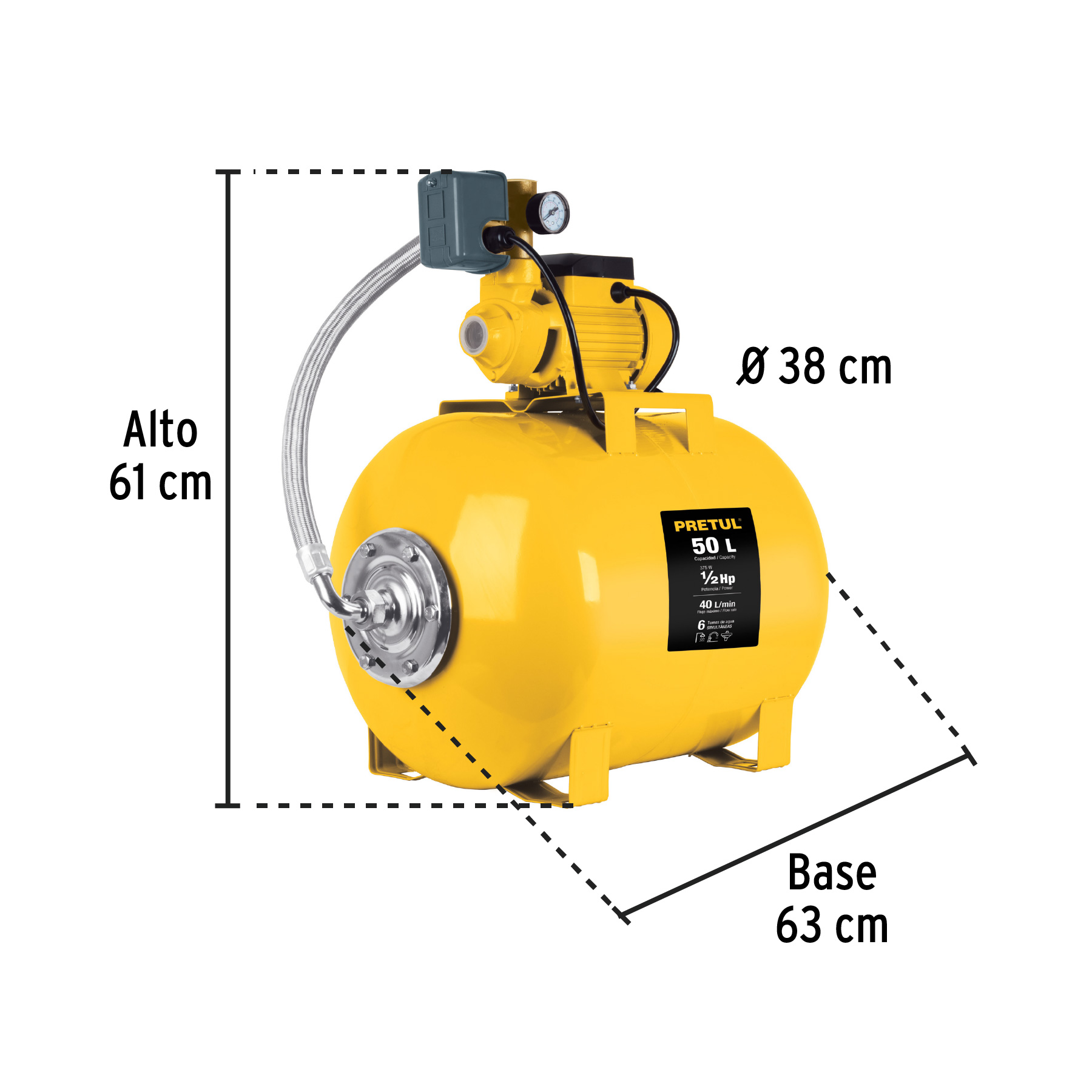 Bomba hidroneumática 1/2 HP, 50 litros, Pretul - HIDR-1/2X50P / 20184