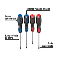 Juego de desarmadores, 4 piezas, mango Comfort Grip, Pretul - JD-4BP / 20218