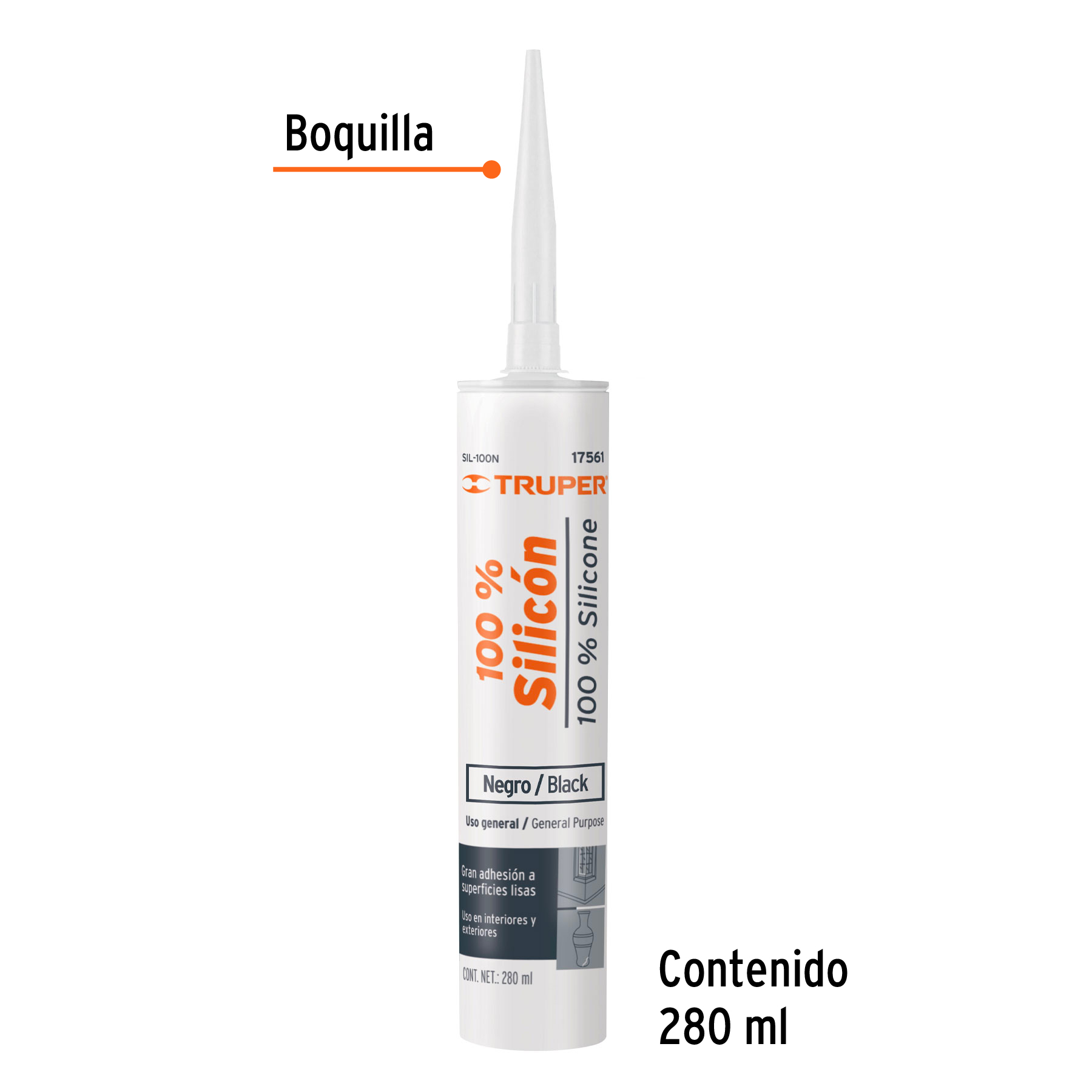 Sellador negro, 100% de silicón, 280 ml - SIL-100N / 17561