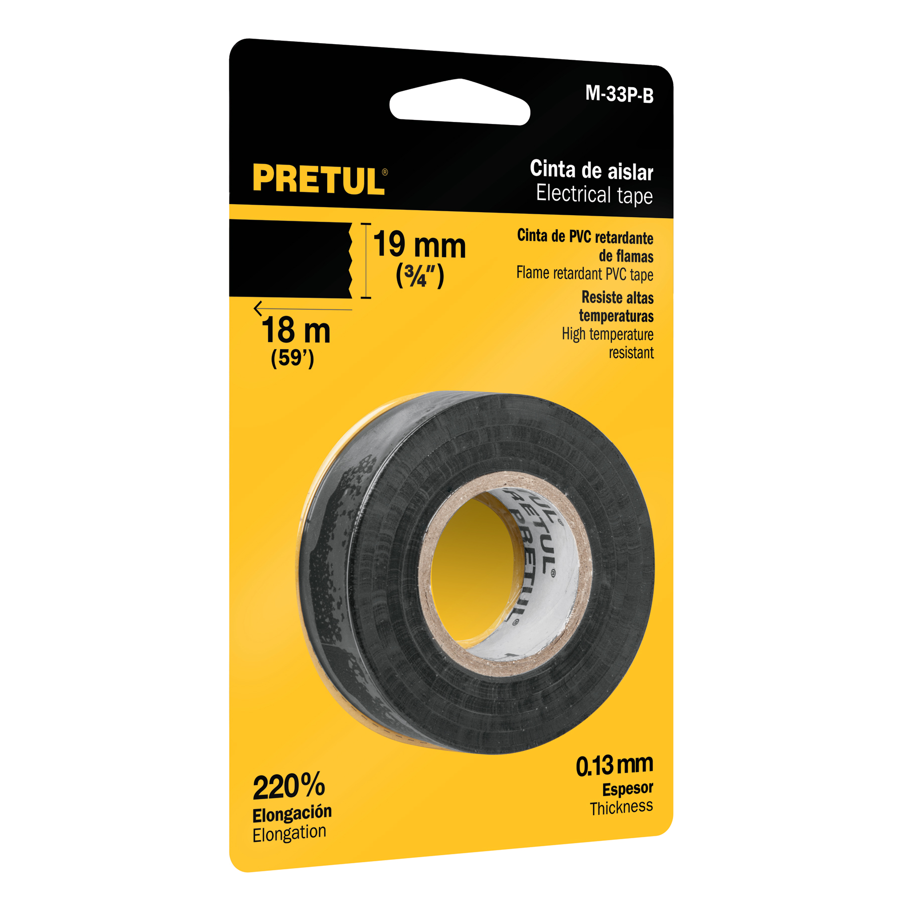 Cinta de aislar de 18 m x 19 mm, negra en blíster, Pretul - M-33P-B / 20523