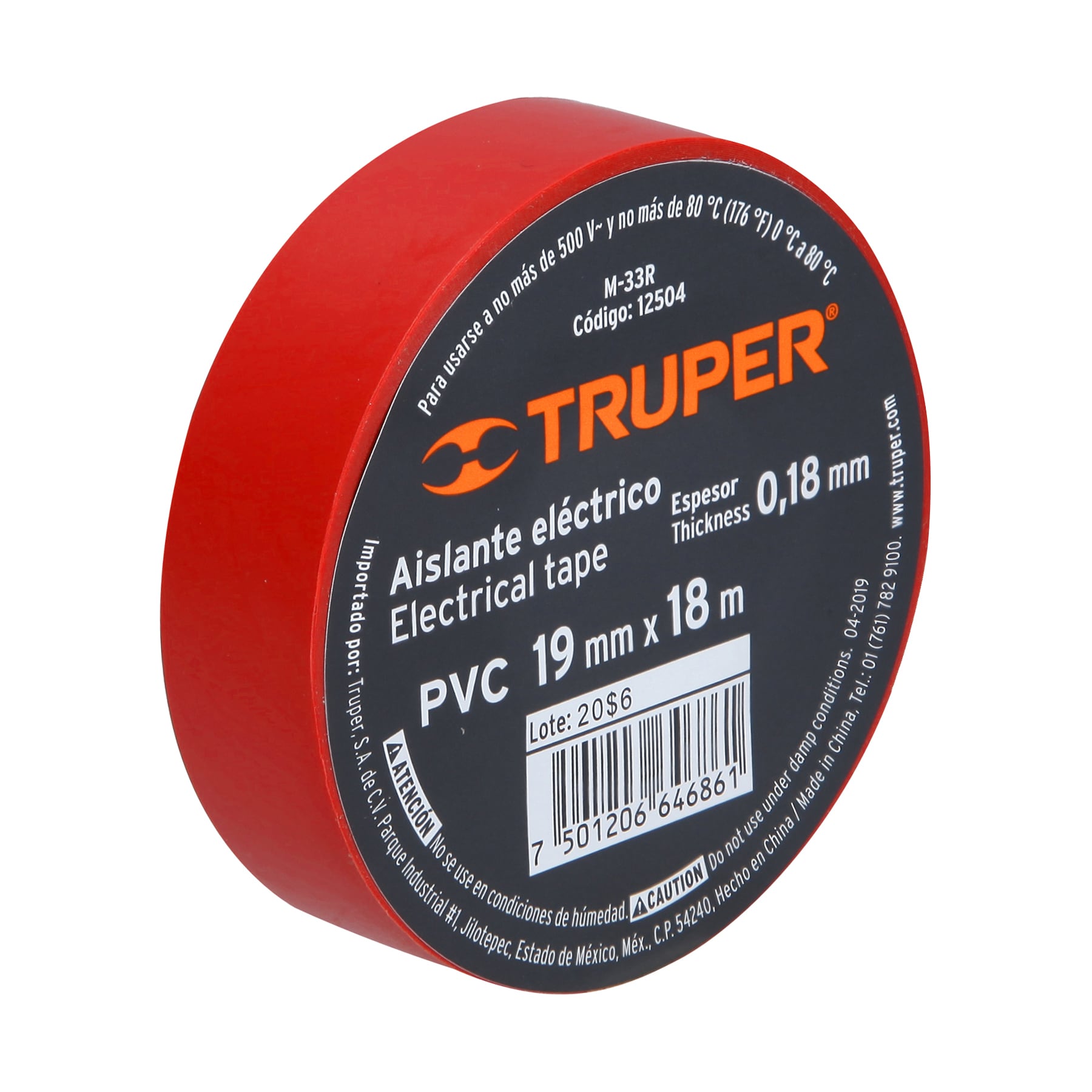 Cinta de aislar de 18 m x 19 mm, roja, Truper - M-33R / 12504